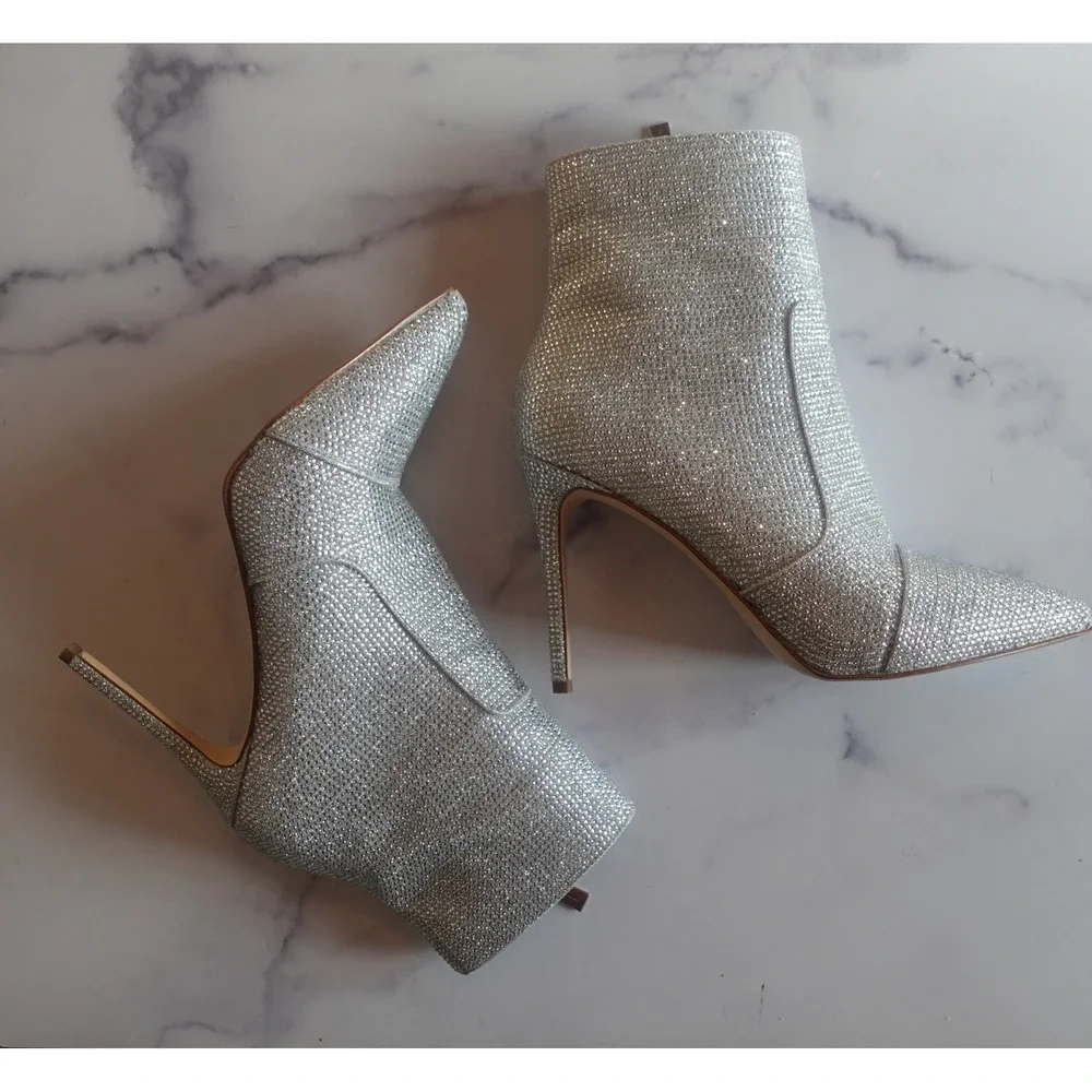 MICHAEL KORS Rue Rhinestone Pointed Toe Stiletto Booties Silver Size 8 Bling Y2K